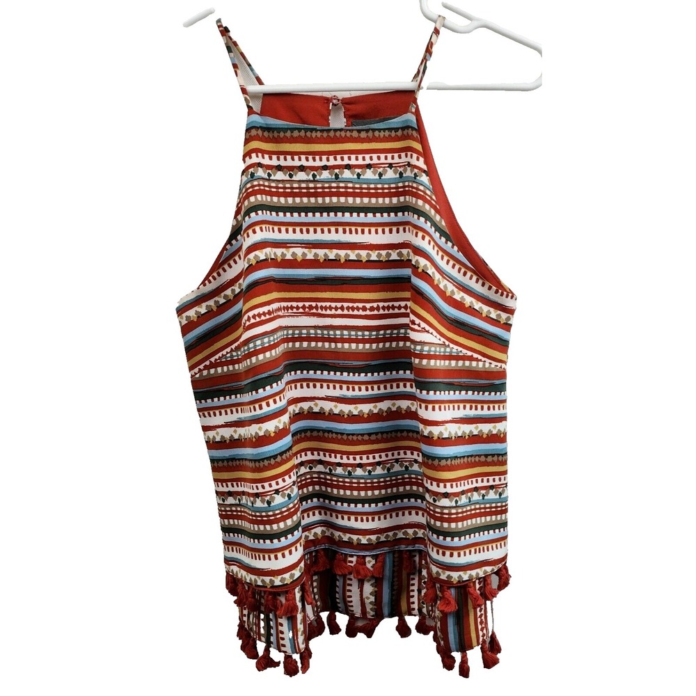 Anthropologie Sunday In Brooklyn BOHO‎ Tank Top Womens Small Red Striped Tassel